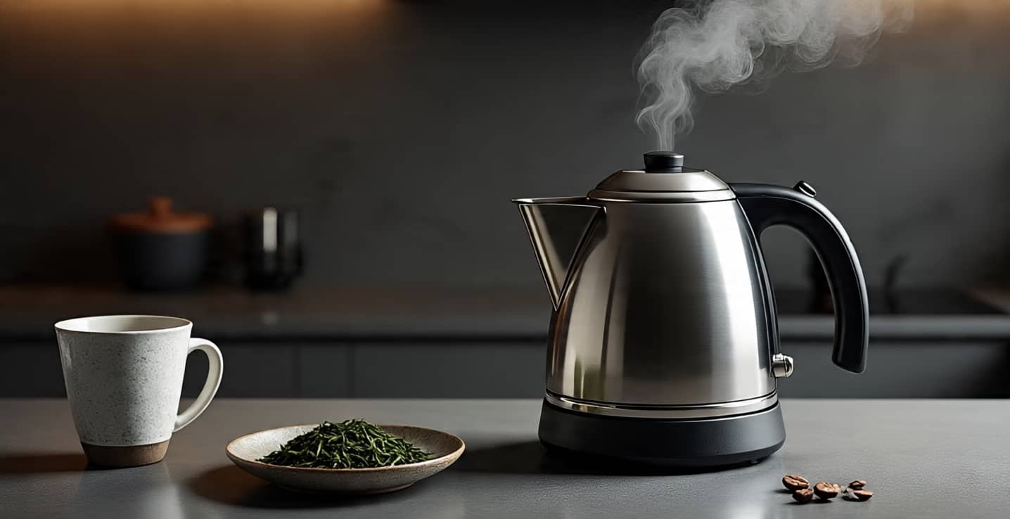 Electric kettle boiling water on a modern kitchen counter